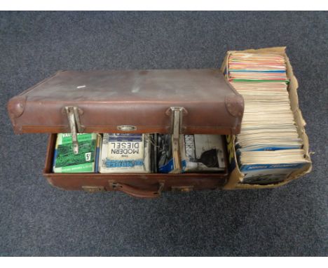 A vintage leather luggage case and box of mid century model engineering magazines 