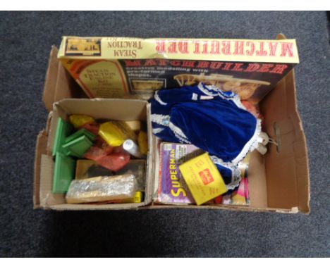 A box of vintage doll, match builder steam engine, two vintage Comics Superman issue 136 and Unknown worlds no. 4, Bayko cons