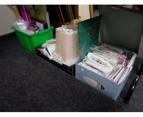 Three boxes of vintage knitting patterns, packs and paper etc 
