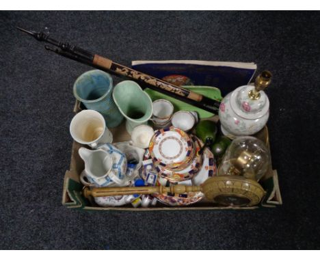 A box of china, part Royal Stafford tea service, clock under shade, bed warming pan barometer, thimbles etc 