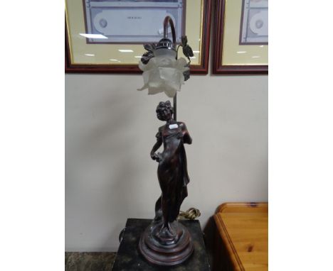 A contemporary figural table lamp of a female figure with glass shade 