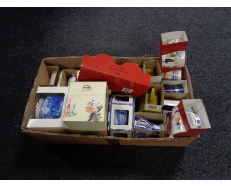 A box of boxed Ringtons china, castles tea caddy, snapshot jugs, mugs etc 