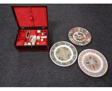 A Chinese mother of pearl lacquered work box, together with two Spode wall plates and Chinese style plate 