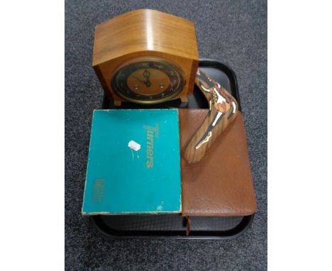 A tray of mid century smiths walnut mantle clock, cased turner's binoculars, boomerang etc 
