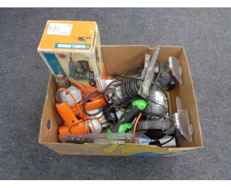 A box of power tools, performance grinder, black and decker sander, drills, inspection lamp etc 