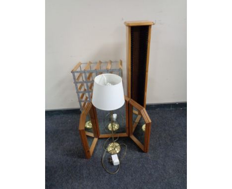 Twenty eight bottle wine rack, CD stand, dressing table mirror and a brass table lamp with shade 