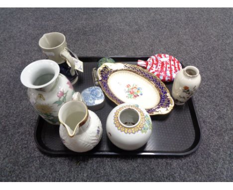 A tray of antique and later china, glass and metal pieces : Aynsley cobalt blue oval dish, ginger jar, glass moon vase, Aynsl