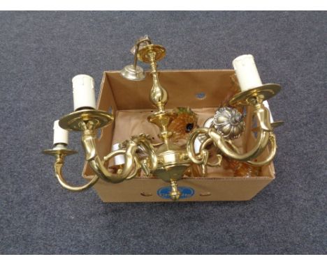 A box of heavy brass six branch chandelier, pair of wall sconces together with three way light fitting with fluted shades 