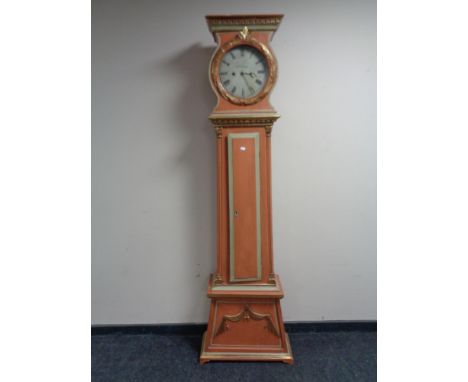 An antique continental painted longcase clock by J.C. Lindtner with pendulum and weights 