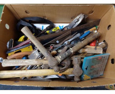 A tool box and cardboard box of assorted hand tools, stanley plane etc 