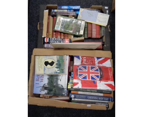 Five boxes of holdalls, books, typewriter, glass bowl, china, cased vintage speaker 