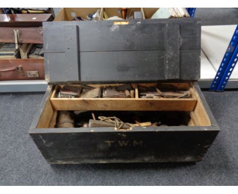 An antique stained pine joiner's box and tools 