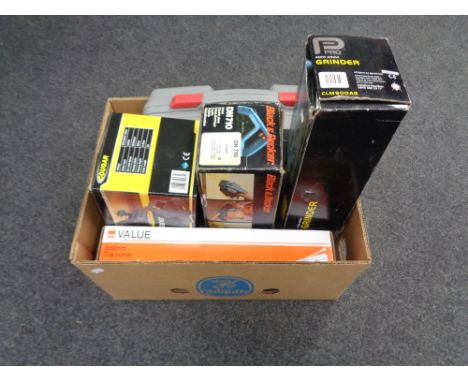 A box of assorted power tools, cased performance hammer drill, black and decker electric planer etc 
