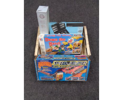 Box of Dukes of Hazzard jumper, down the hatch game, games compendium and vintage doll 