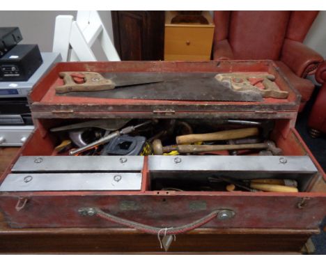 An early twentieth century painted joiner's tool box of tools 