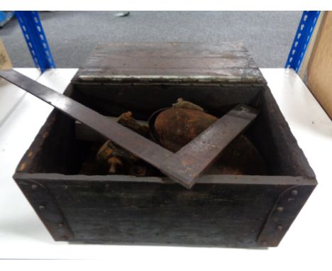 An antique stained pine joiner's box and tools 