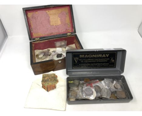 A box of George III and later coins, English and foreign, various, together with a Victorian rosewood trinket box of trinkets