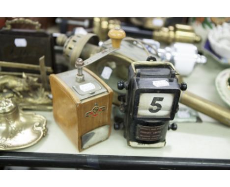 BLACK METAL PERPETUAL CALENDAR WITH BRASS SWING HANDLE SURMOUNTING METAL LABEL 'FERRANTI LTD'; ELECTRICITY HOUSE METER, HOLLI