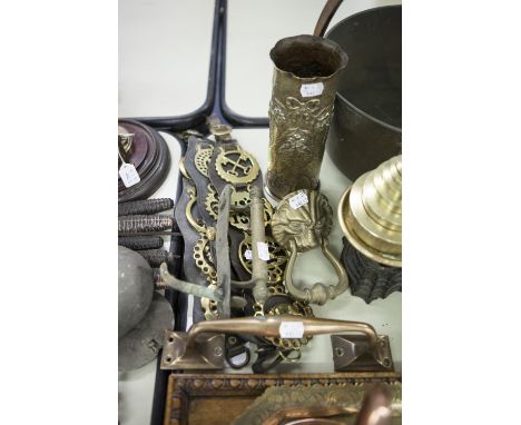 FRENCH TRENCH ART BRASS SHELL CASE VASE REPOUSSE WITH FLOWERS AND RIBBON BOWS 9"HIGH, ELEVEN HORSE BRASSES ON THREE PIECES OF