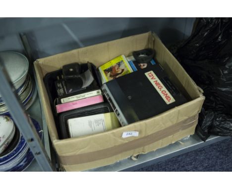 HARRY MOSS STEREO EIGHT TRACK CAR CASSETTE PLAYER, CASSETTES, PAIR OF SHELF MOUNTED SPEAKERS, 'LUCAS SQUARE 8', CAR HEADLIGHT