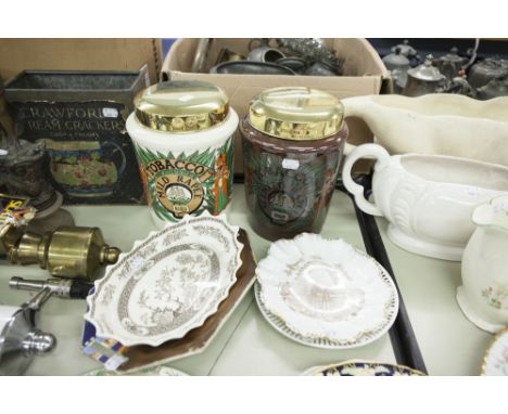 TWO LARGE POTTERY REPRODUCTION TOBACCO JARS WITH METAL LIDS, 10" HIGH, A COPELAND SPODE POTTERY 'INDIAN TREE' PATTERN WAVY OV