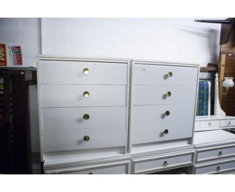 AN OAK STRING TOP STOOL AND A PAIR OF WHITE MELAMINE SMALL FOUR DRAWER CHESTS AND A COMMODE ARMCHAIR (4)