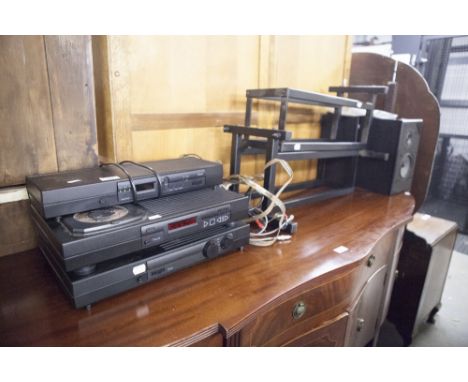 REGA ELEX - R. TWO PART STEREO MUSIC SYSTEM, VIZ INTEGRATED AMPLIFIER AND CD PLAYER AND A PAIR OF LOUDSPEAKERS ON TALL STANDS