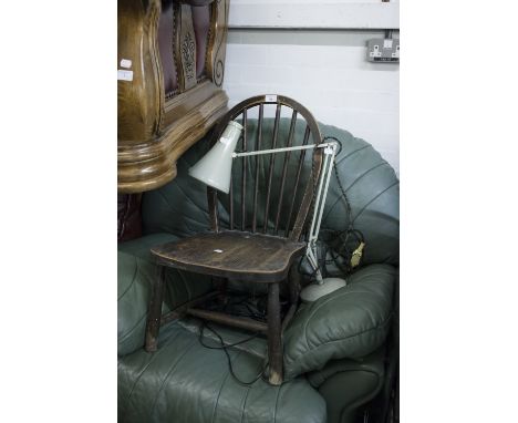 A SMALL HARDWOOD HOOP BACK SINGLE CHAIR WITH PANEL SEAT AND AN ANGLE POISE LAMP (2) 