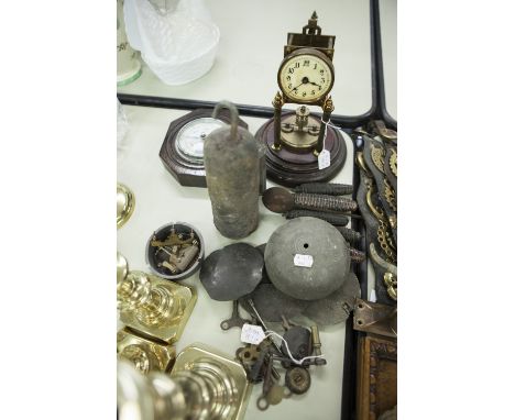 BRASS 'ANNIVERSARY'  CLOCK ON WOODEN PLINTH (no glass dome), QUANTITY OF ANTIQUES AND OTHER CLOCK WEIGHTS, PENDULUM BOBS, ; A