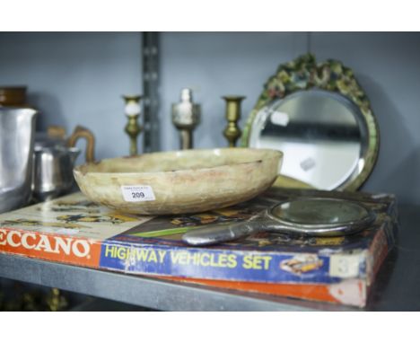 MECCANO HIGHWAY VEHICLE SET, PAIR OF BRASS CANDLESTICK, BARBOLA MIRROR, ONYX DISH, ORIENTAL HAND MIRROR, CANDLE LAMP (6) 