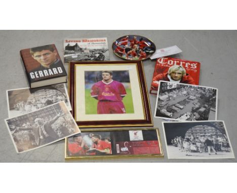 A quantity of Liverpool FC memorabilia to include a Treble Winner's 2001 plate by Danbury Mint, serial no 8923, three books, 