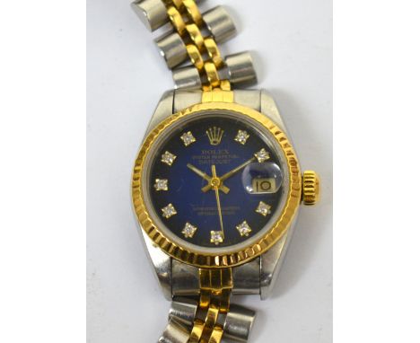 Rolex; a c1990s ladies' 26mm bi-metal Oyster Perpetual Datejust Superlative chronometer wristwatch, the blue diamond set dial