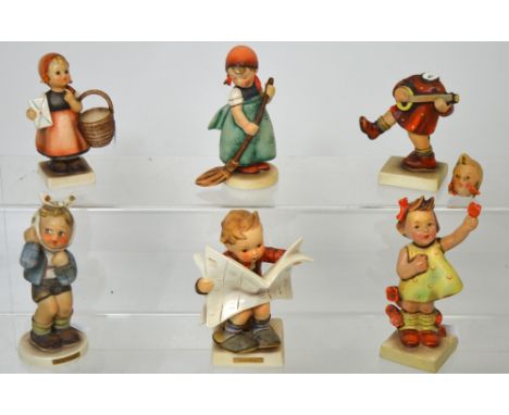 Goebel; six figural studies of girls and boys by M.J. Hummel to include 'Boy with Toothache', 'Meditation' and 'Latest news' 
