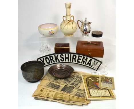 A collector's lot comprising silver plated jug, ebonised pot and cover with hand painted horse racing scene, two jewellery bo