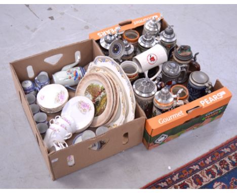 A quantity of decorative ceramics to include German steins, some limited edition examples, a Japanese tea service etc.