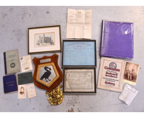 A maritime collector's lot comprising Liverpool Sailors' Home buttons, an HMS Liverpool plaque inscribed 'Flagship of Admiral