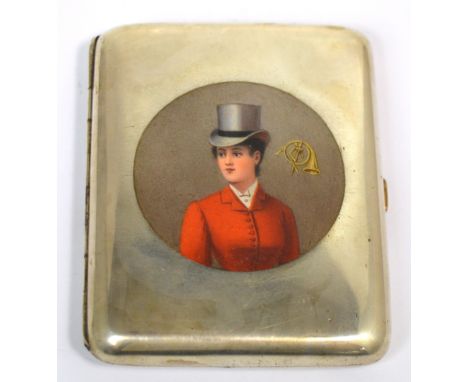 A c1900 Austro-Hungarian silver cigarette case of rounded rectangular form, with yellow metal thumb piece and gilt wash inter