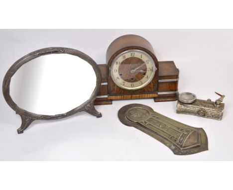A white metal framed bevel edge mirror, a mid 20th century oak cased mantel clock, a white metal wall pocket inscribed 'Mater