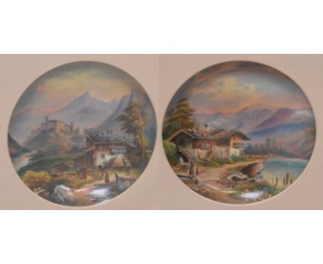 UNATTRIBUTED; a pair of painted ceramic plaques decorated with figures and dwellings within a mountainous landscape, both uns
