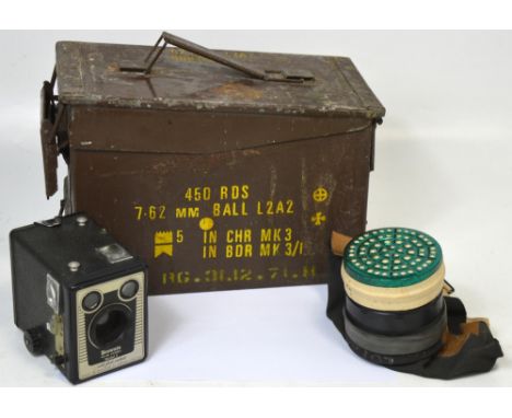 An ammunition box, a cased WWII period gas mask and a boxed Kodak brownie Model E camera (3).