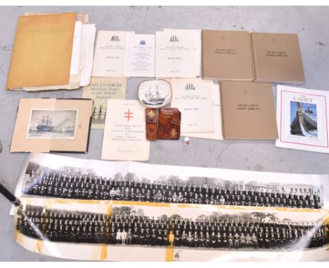 A maritime collector's lot relating to HMS Conway to include c.1970 rolled photographs, a thimble, a ceramic dish, cased groo