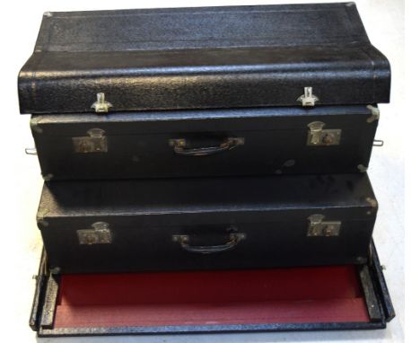 A Lanchester 10 trunk, with original canvas cover with picnic tables and straps, width 84cm.