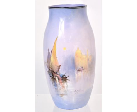 A Royal Doulton painted ceramic vase decorated with a Venetian scene, signed J.H. Plant, approx height 21cm. CONDITION REPORT