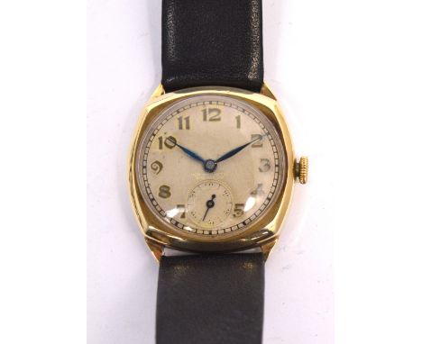 Rotary; a 1930s gentleman's wristwatch, hallmarked 9ct gold cushion case, manual wind fifteen jewel movement, the cream satin
