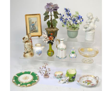 A collector's lot comprising ceramics to include a Dresden leaf shaped dish, various Continental figures, Oriental gem trees 