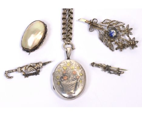 A Victorian hallmarked silver locket on white metal chain, two Victorian hallmarked silver brooches, one example inscribed 'T