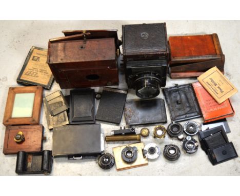 An Ensign Special Ruby Reflex bellows cameras (af), vintage photographic accessories, parts and lenses. CONDITION REPORT Not 