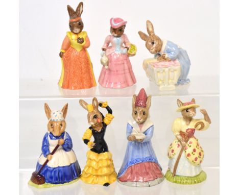 Seven Royal Doulton 'Bunnykins' figures DB247 'Mary Mary Quite Contrary Bunnykins', DB256 'Flamenco Bunnykins', DB213 'Sundia
