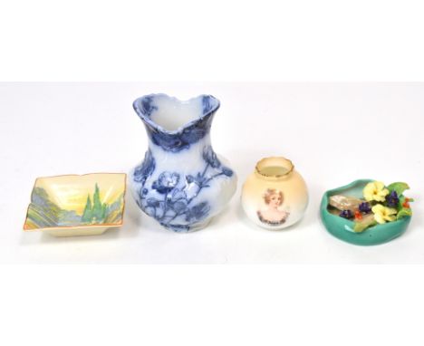 Four pieces of Royal Doulton and Doulton Burslem ware to include a square dish 'Woodley Dale', a posy with applied decoration