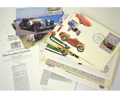 Vintage automobile related first day covers and a selection of facsimile naval related ephemera and pictures.
